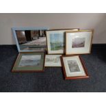 Five assorted watercolours, signed prints and etchings to include Durham Cathedral,