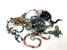 A group of agate, jet, jade and other jewellery,