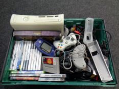 A box of Xbox 360 console, Super Nintendo Playstation II, Playstation 4 games,