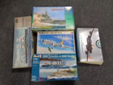 A box containing five boxed modelling kits to include Revell, SMS Dresden,
