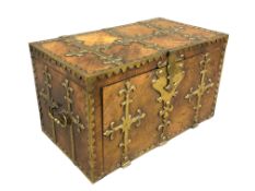 A French 18th century brass bound walnut travelling strong box, with fall front,