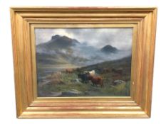 Claude Cardon (1864-1937) : Highland Cattle Watering by a Loch, oil on canvas, signed,