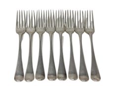 A set of eight George III silver table forks, maker WT, London 1769(?).