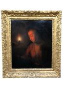 Follower of Godfried Schalken (1643 - 1706) : A Young Lady Reading by Candlelight, oil on canvas,