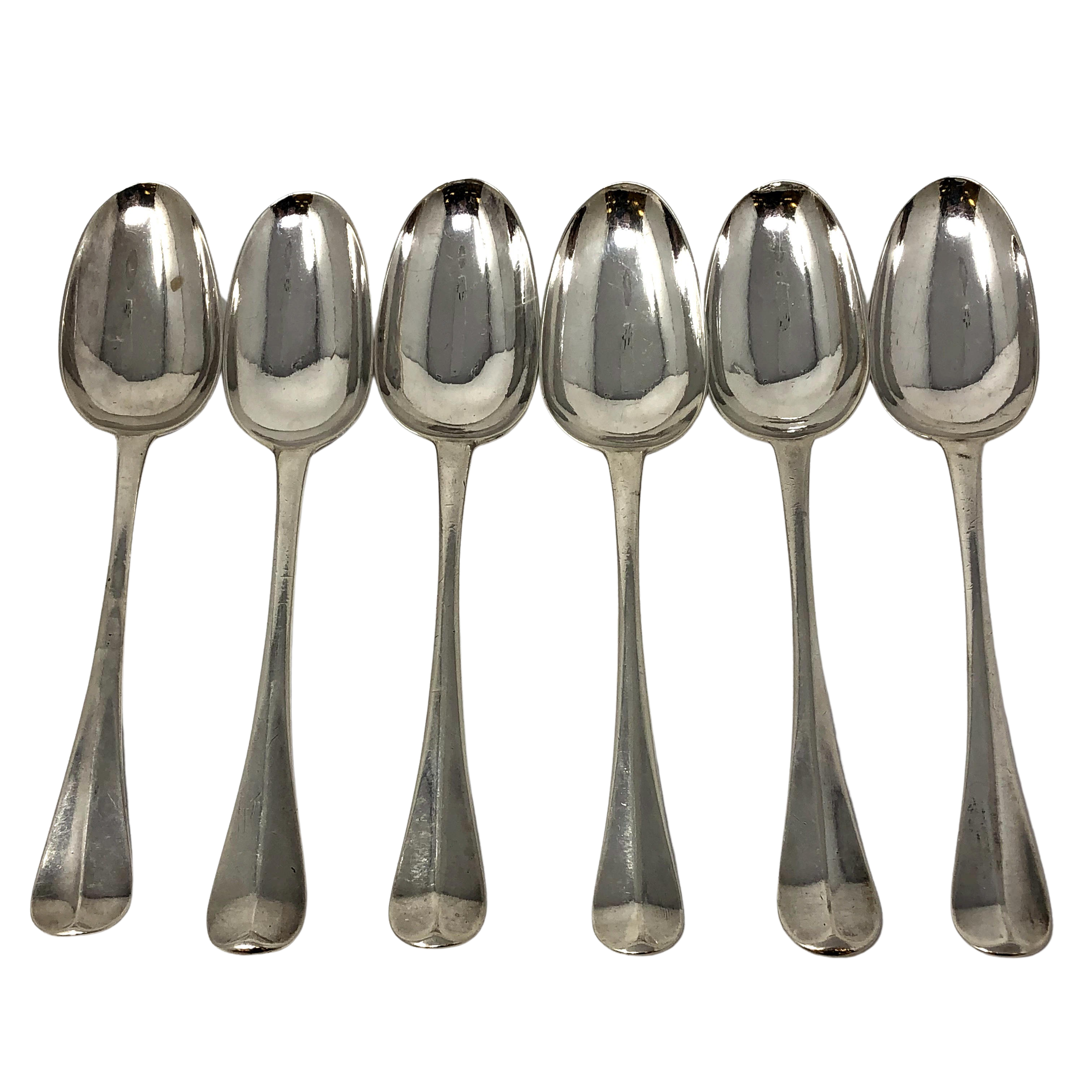 A harlequin set of six Georgian silver rat-tail pattern table spoons, marks differ.