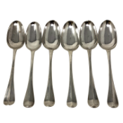 A harlequin set of six Georgian silver rat-tail pattern table spoons, marks differ.