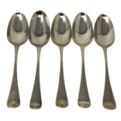 A George II silver table spoon, London 1756, together with four other Georgian silver table spoons.