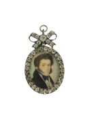A Georgian portrait pendant miniature depicting a Gentleman with blue and white cravat with jacket,