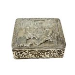 An Edwardian silver box, George Nathan & Ridley Hayes, Chester 1902, embossed with a tavern scene,