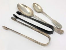 Two Georgian silver spoons, similar tongs,