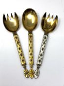 Three fine quality Norwegian silver gilt and enamel serving spoons by J.