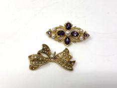 Two gold brooches set with amethysts and seed pearls