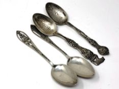 Four highly decorative American silver spoons depicting scenes of California.