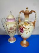 Two antique porcelain transfer printed twin handled lidded vases