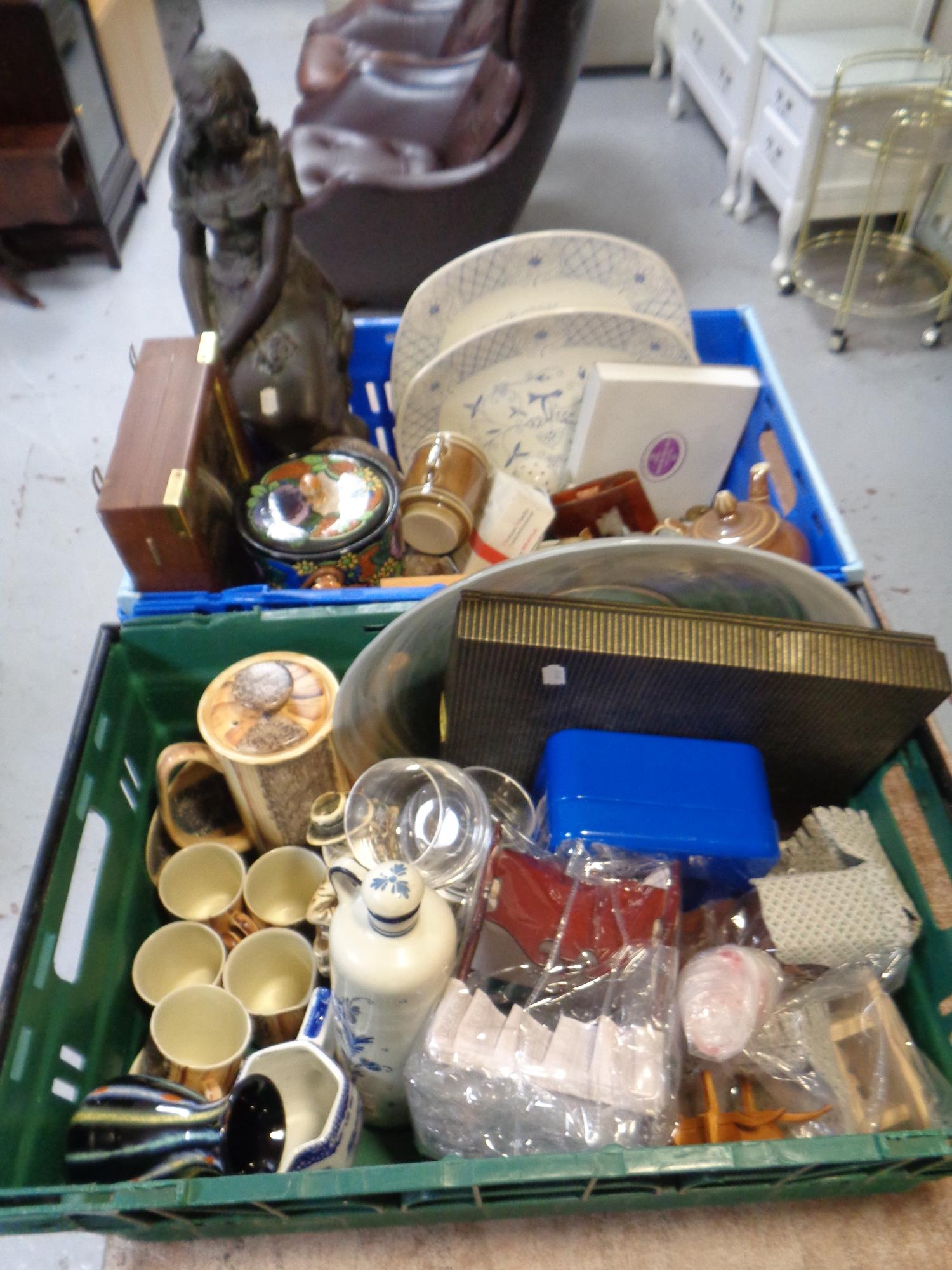 Two boxes containing miscellaneous to include dollhouse furniture, pottery coffee set,