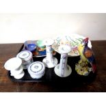 A tray containing assorted ceramics to include Moorcroft lustre dish,