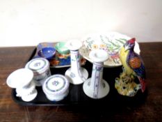 A tray containing assorted ceramics to include Moorcroft lustre dish,