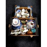 A box containing antique and later ceramics to include Staffordshire figure, continental figures,