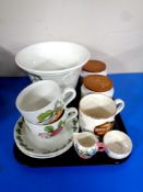 A tray containing assorted ceramics to include Maling springtime milk jug and sugar basin,