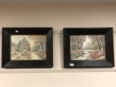 Two embroidered early twentieth century pictures depicting streams by woodland, 38 cm x 27 cm,