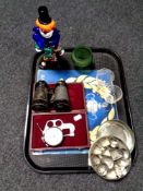 A tray of Murano clown, liqueur glasses, vintage field glasses, cased precision measure, an F.A.