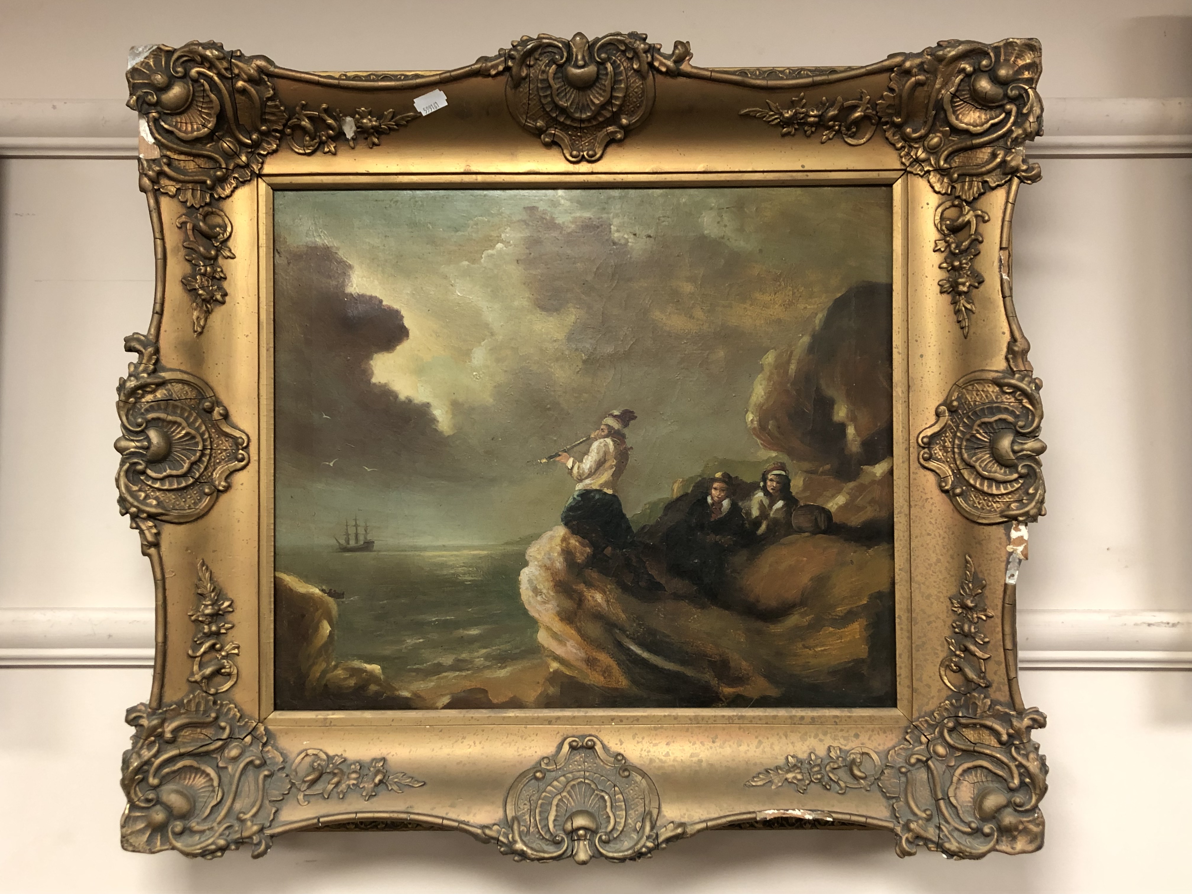 Nineteenth century school : The look out, figures on a rock, oil on canvas, 47 cm x 40 cm, framed.