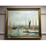 Continental school : Boats in a harbour, oil on canvas,