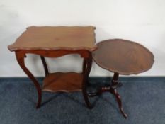 An Edwardian shaped two tier occasional table together with a mahogany pie crust edge wine table