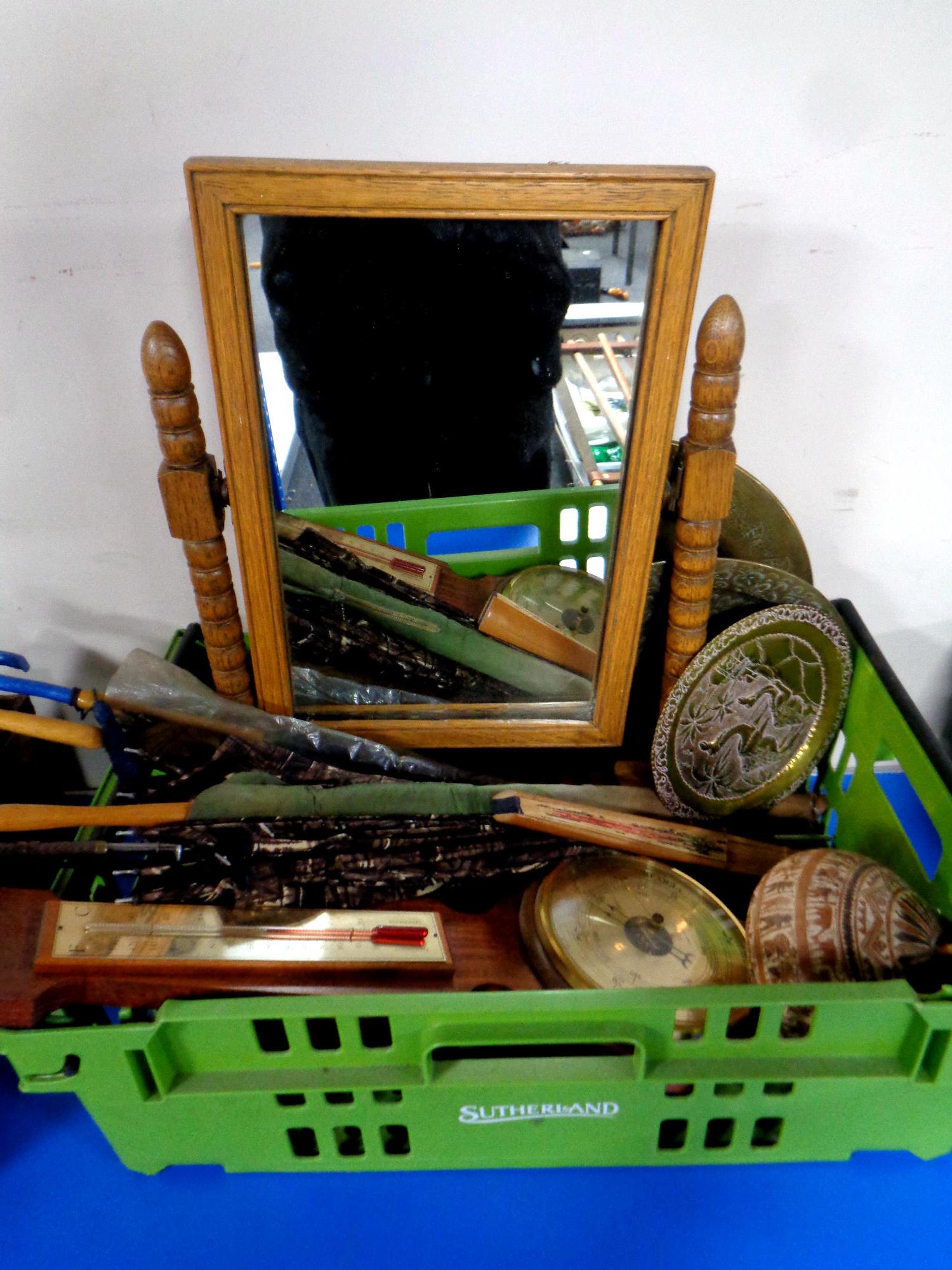 A box containing miscellaneous to include Edwardian oak dressing table mirror, banjo barometer,