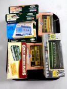 A tray containing seven Corgi die cast trams together with further Atlas Editions die cast trams,
