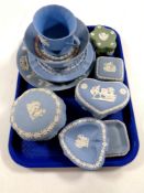 A tray containing 15 pieces of Wedgwood Jasperware to include teacup and saucer, dishes,