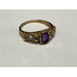 A vintage 9ct gold amethyst and pearl dress ring