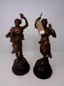 A pair of 19th century French spelter figures on wooden stands,