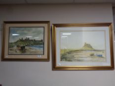 Two William Bell watercolours, Dunstanburgh Castle and Holy Island,