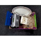 A box containing miscellaneous to include cased cutlery, assorted glassware,