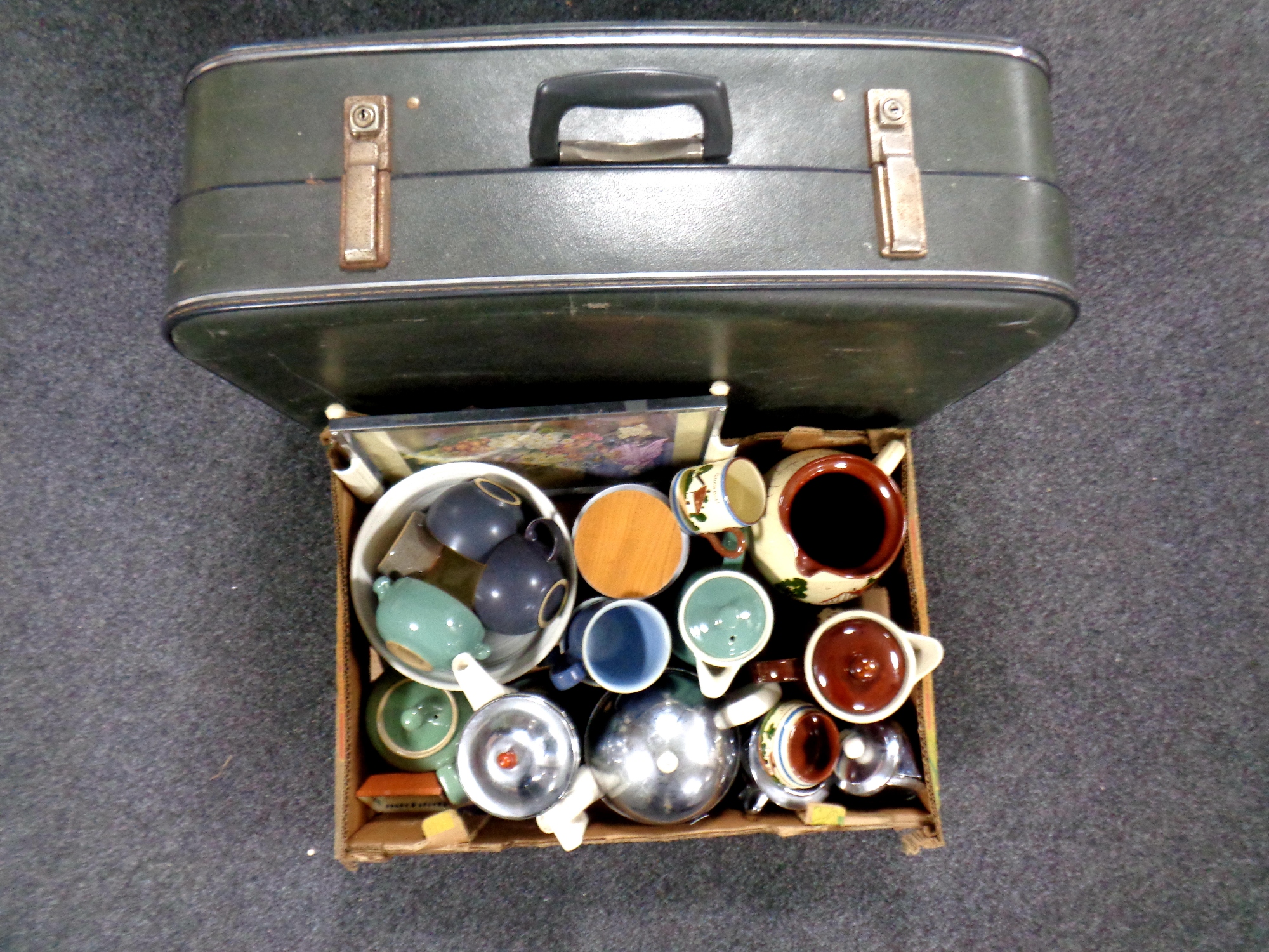 A box containing miscellaneous to include Denby ceramics teapots and mugs,