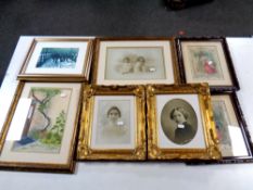 A box containing assorted framed pictures and prints to include black and white monochrome