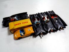 A Dinky Toys 109 Austin Healey racing car with box (as found) together with four die cast Corgi