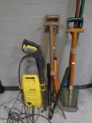 A Karcher K238 pressure washer together with a quantity of garden tools