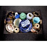 A box containing assorted antique and later oriental ceramics to include vases,