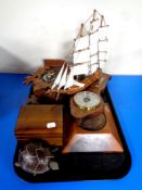 A tray containing wooden items to include a turtle musical trinket box,