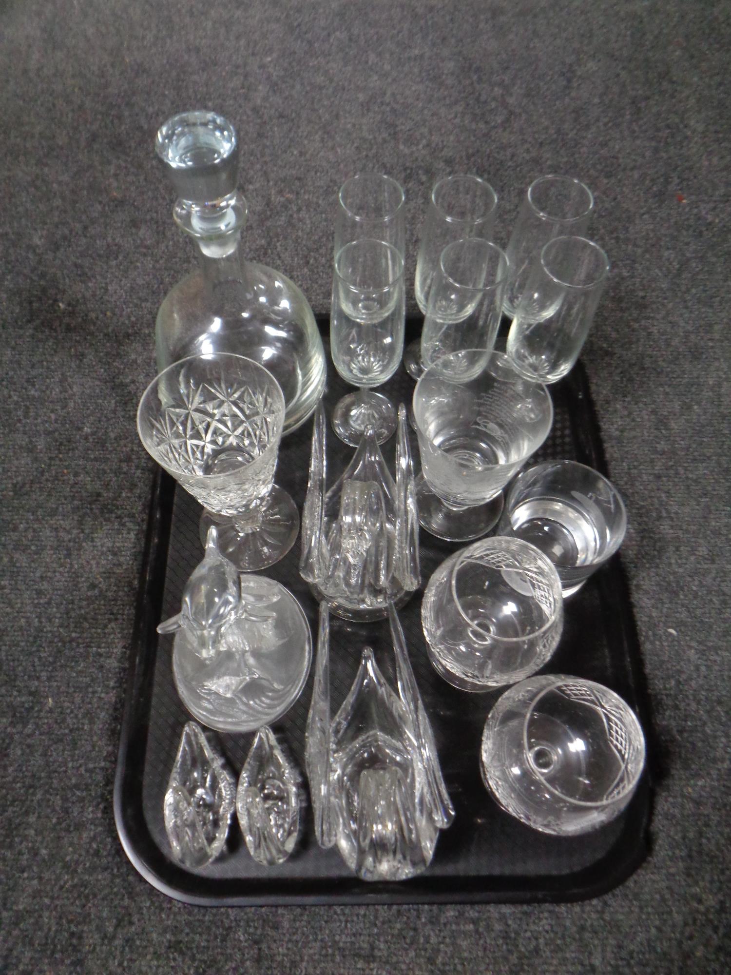 A tray containing assorted glassware to include etched goblet, liqueur decanter, champagne glasses,