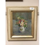 Phoebe Tulloh : Still life with mixed flowers in a white jug, oil on panel, signed with monogram,