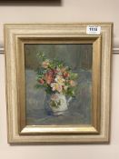 Phoebe Tulloh : Still life with mixed flowers in a white jug, oil on panel, signed with monogram,