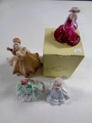 A Coalport Debutantes In Love figure, boxed, together with three further Coalport figures,