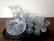 A tray containing assorted lead crystal cut glass vases and bowls