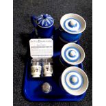 A tray containing three T G Green Cornishware lidded pots,