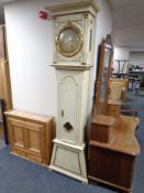 An antique continental painted longcase clock with circular dial (pendulum,