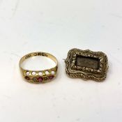 An antique 18ct gold ruby and diamond ring and an early 19th century gold memorial brooch.