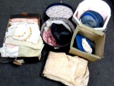 A box containing assorted linens together with four further boxes containing vintage lady's formal